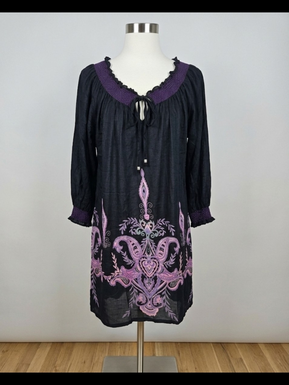 Angie Black Purple Paisley Smocked Rayon Boho Tunic Peasant Dress M